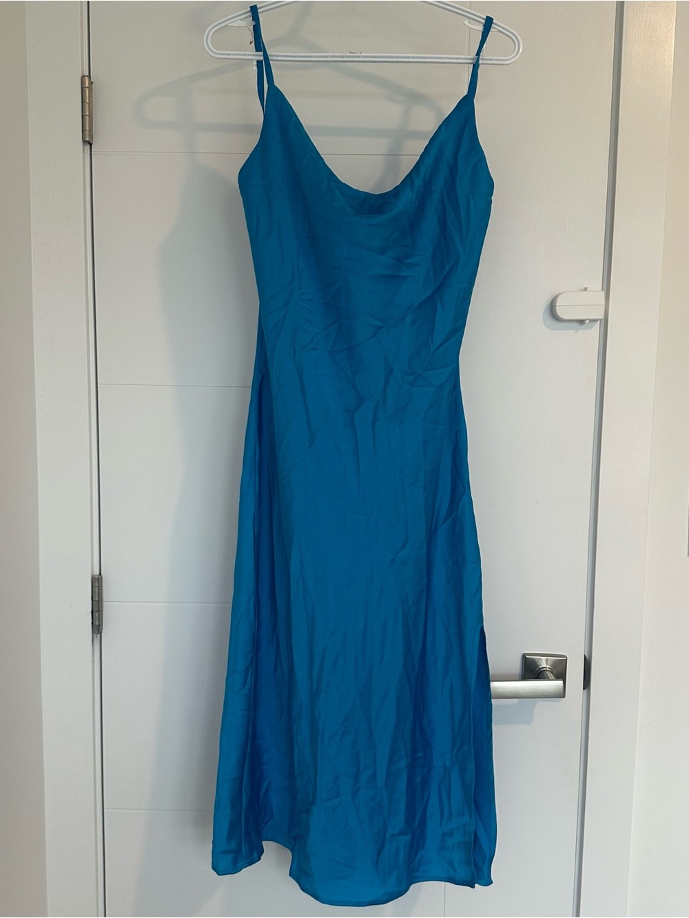Long satin bright blue dress